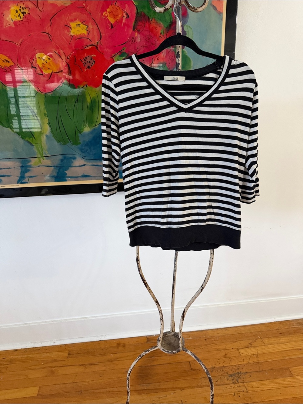 Striped V-Neck Knit Top - Black & White
